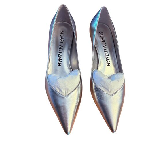Stuart Weitzman Metallic Silver Pointed Toe Kitten Heel Pumps Designer Shoes 8.5 - Picture 1 of 12